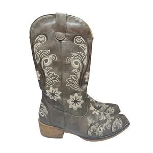 IUV Women’s Western Cowgirl Boots Floral Embroidered Brown Leather 8.5